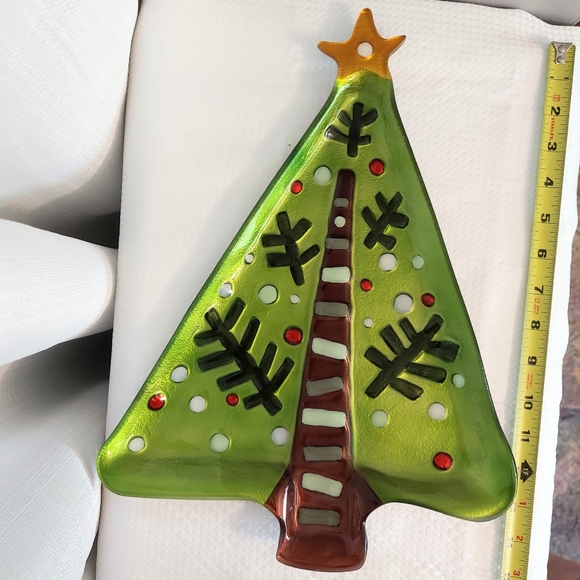 Christmas Tree Glass Platter Abstract Tray Metallic Green Silvestri - Picture 3 of 6